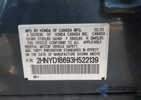 2003 Acura Mdx Touring from USA, damaged, VIN 2HNYD18693H522139